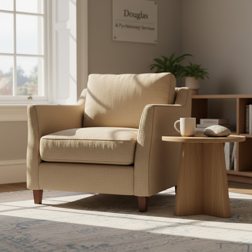 A large beige armchair sits in front of a large window inside an office room. Atop a wooden-end circular table nearby is a...