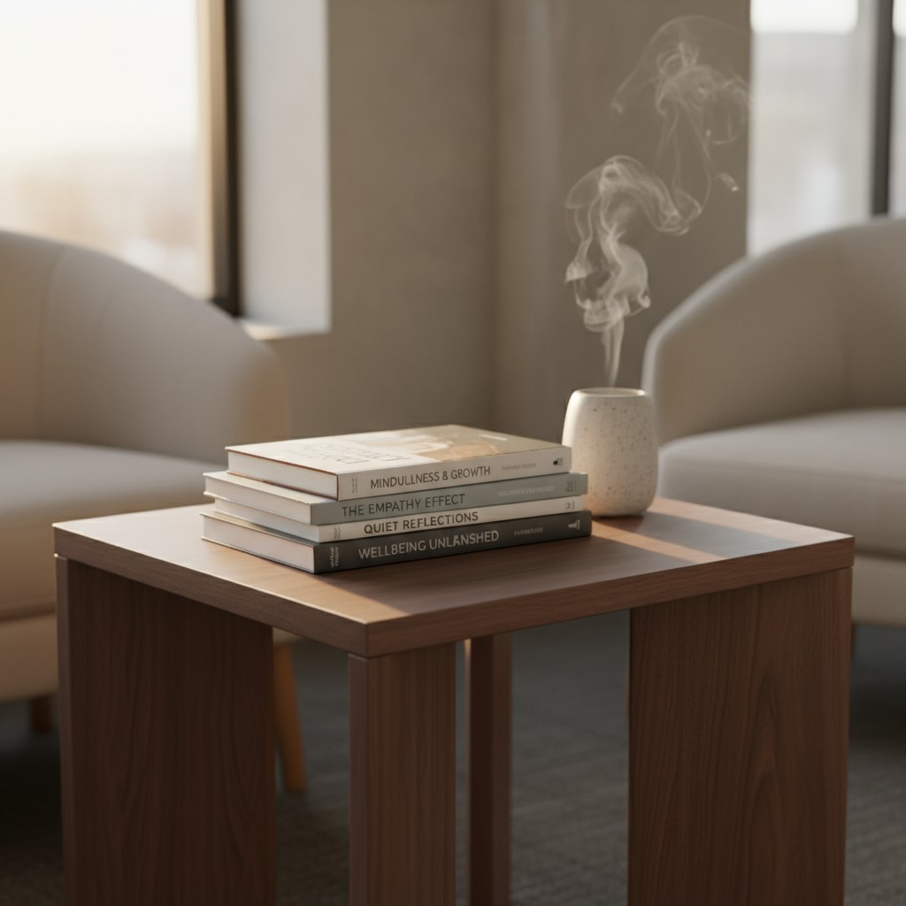 A lounging area with a remote guidance workbook and a steaming cup. The room may be in a mental health clinic or senior ce...
