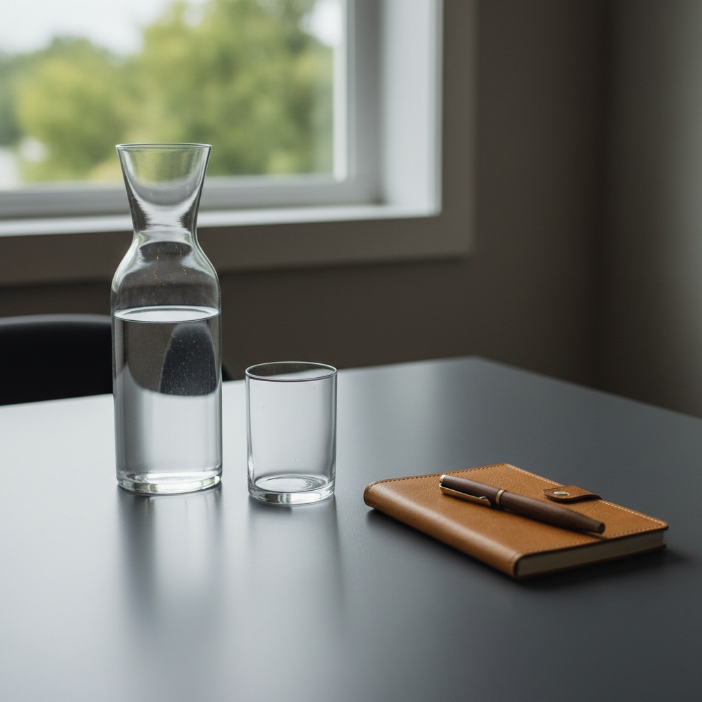 Jacketed glass carafe filled with clear water, alongside empty demitasse and brown leather journal, foreground; expansive ...